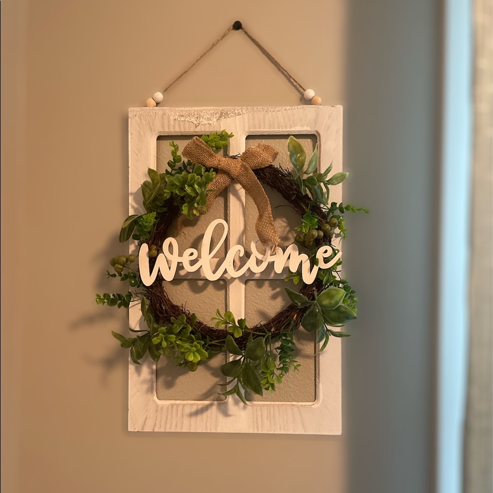 Farmhouse wooden window welcome sign
